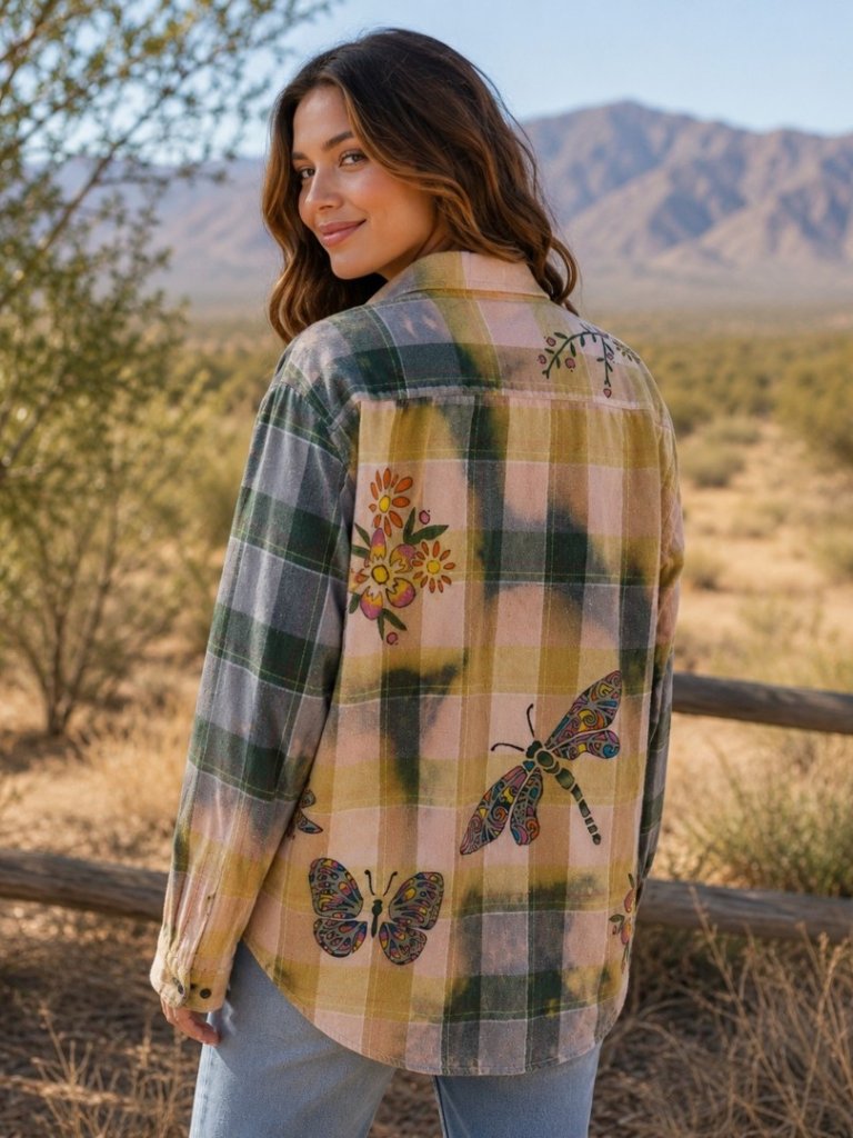 Upcycled Hand Painted Butterflies Dragonflies Flowers Flannel Shirt - Bleached